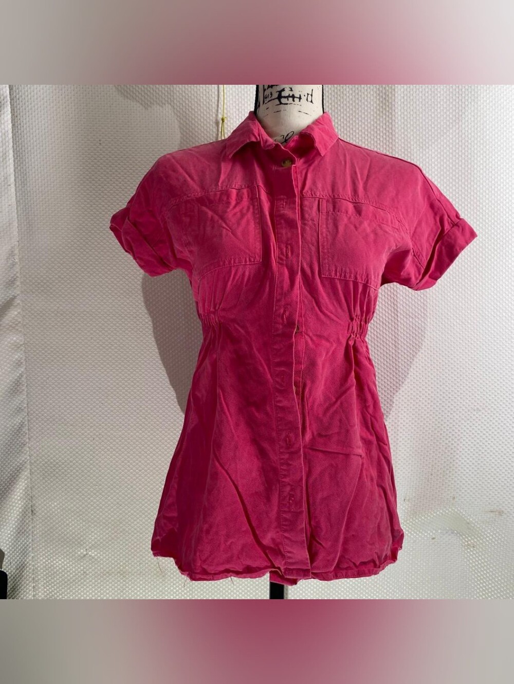 ZARA Pink Poplin Mini Shirt Dress Smocked Elastic Waist Short Sleeve Size 8
